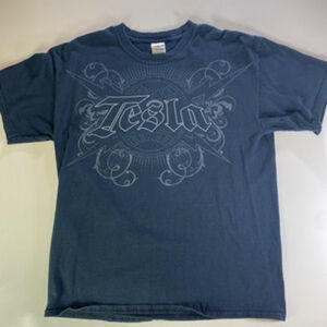 TESLA‎ Men's L Black T-Shirt Rock Band Vtg Style Print Logo 80s Music